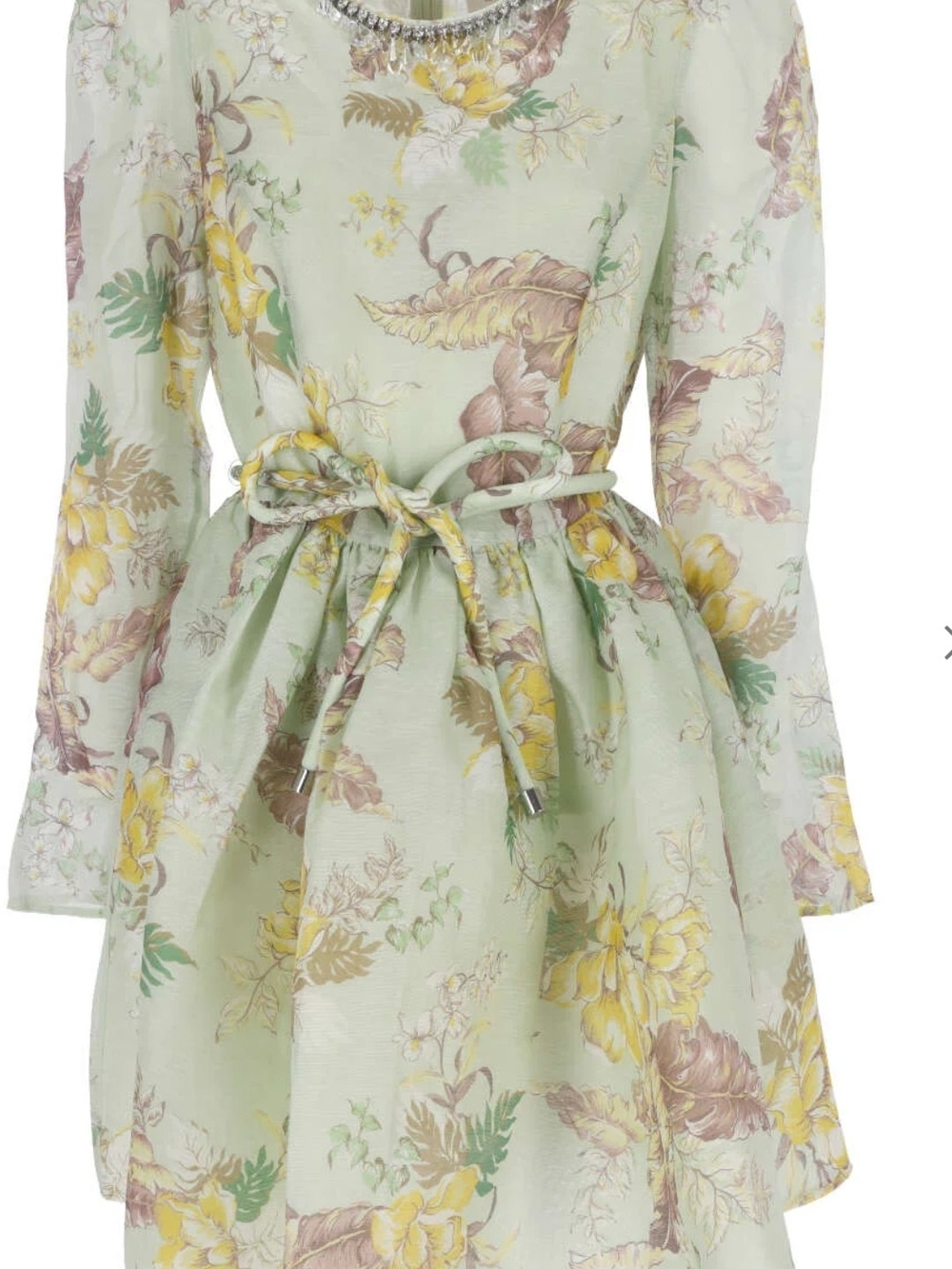 Zimmermann Pastel Green Floral Long-Sleeve Dress with Self-Tie Belt